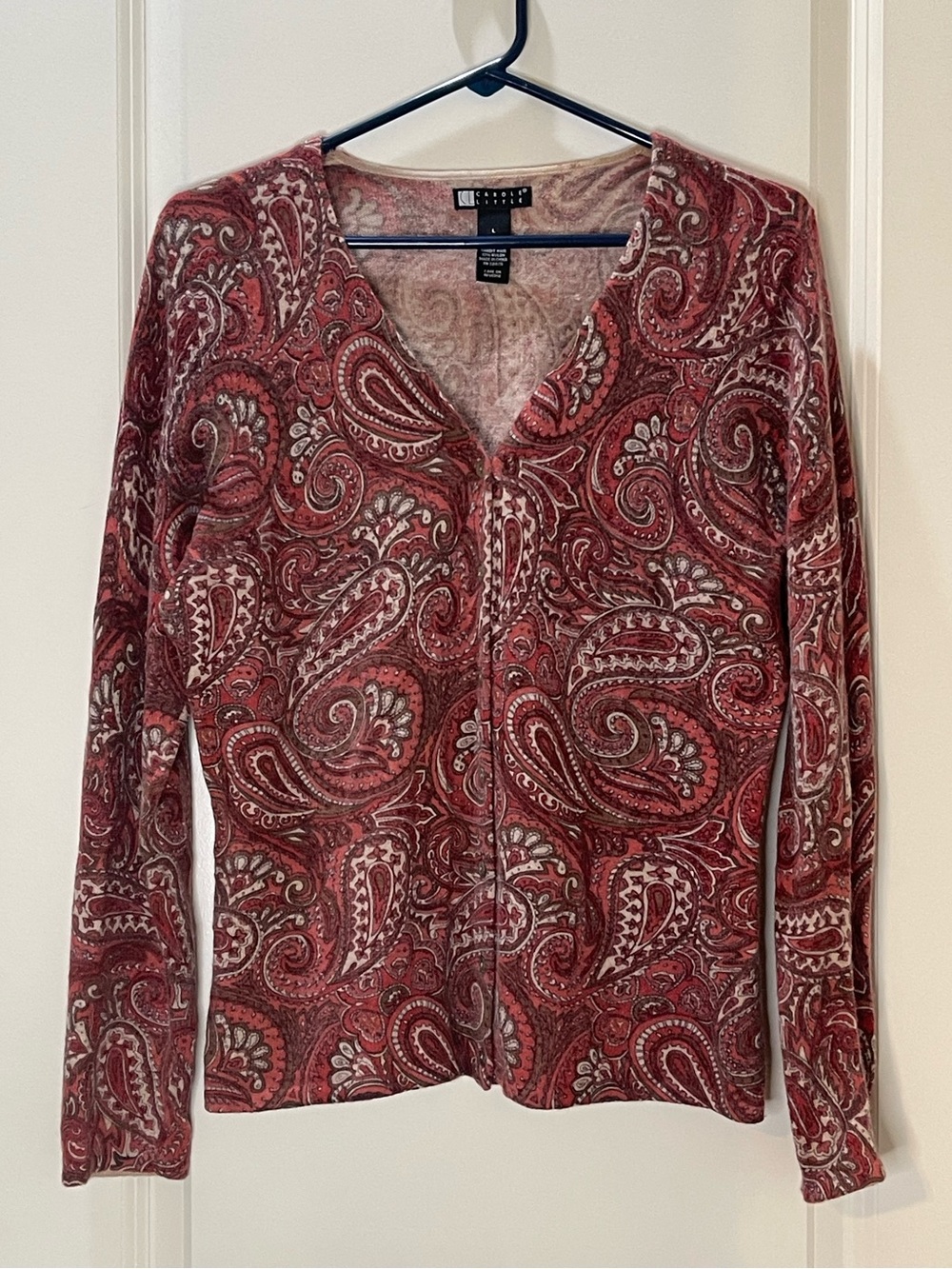 Carole Little Mauve and Pink Paisley Cardigan Lambswool and Angora Rabbit L